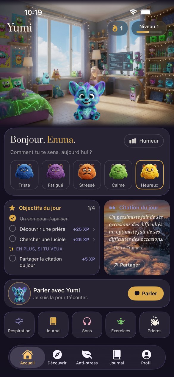 L'écran d'accueil de Yumi : la créature dans sa chambre, et les accès aux
                    exercices du jour.