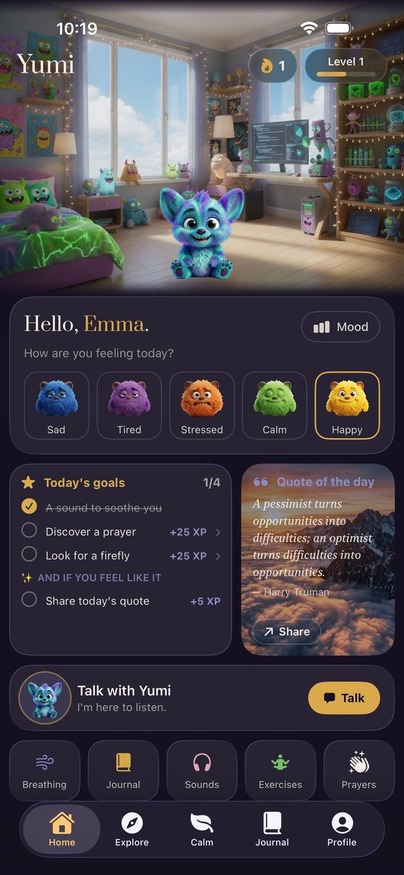 Yumi’s home screen: the creature in the room, and the way into the day’s
                    exercises.