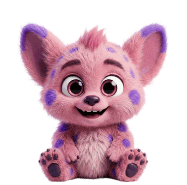 Yumi, a small creature with pink and violet fur, sitting.